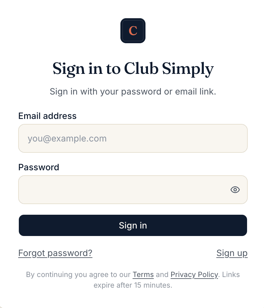 Club Simply sign-in page